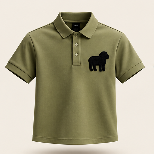 LAMS olive polo floating front view on ivory