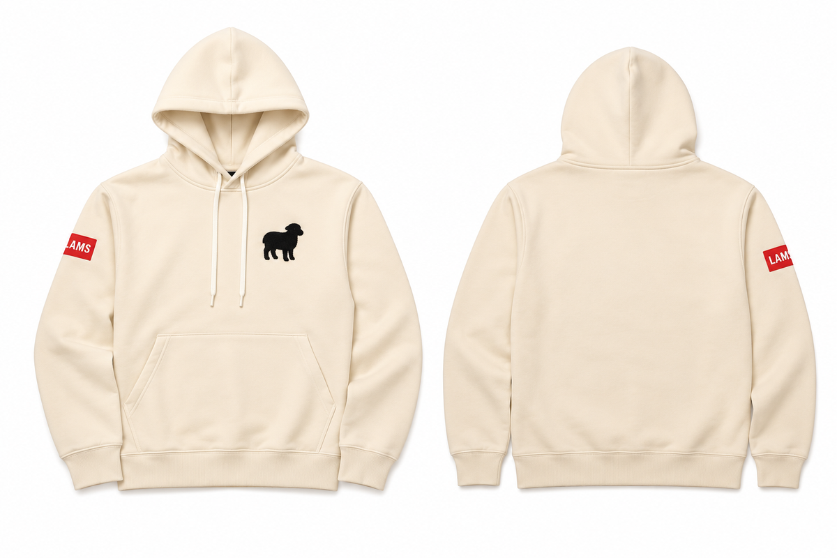 LAMS cream hoodie front and back studio presentation