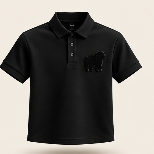 LAMS black polo floating front view on ivory